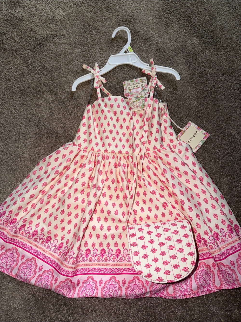 btween Cream and Pink Printed Sundress with Matching Purse